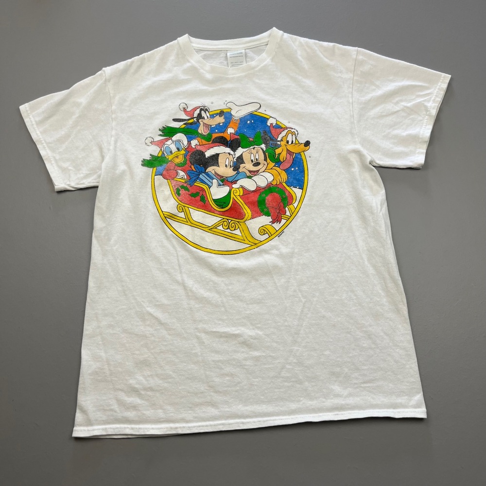 Vintage Disney Graphic T-Shirt Adult Medium White Christmas Sleigh Mickey Minnie - Picture 2 of 9